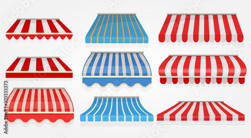 Stripped window canopy. Roof of grocery cafe stored shopping tent outdoor collection vector pictures. Sunshade striped, showcase stripped, storefront street design illustration