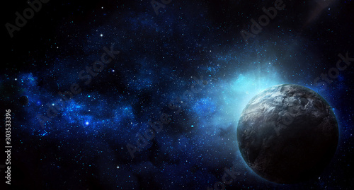 bright blue radiance of stars in space and planet, abstract space 3d illustration © pechenka_123