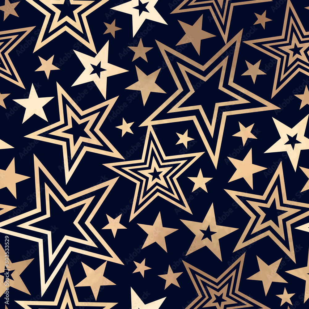Dark blue seamless pattern with gold metallic foil stars Dark blue seamless pattern with gold metallic foil stars