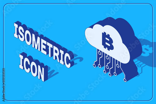 Isometric Cryptocurrency cloud mining icon isolated on blue background. Blockchain technology, bitcoin, digital money market, cryptocoin wallet. Vector Illustration