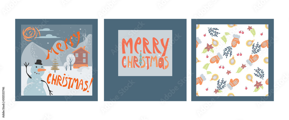 Set of three Christmas cards - seamless pattern, Snowman and greeting text, flat vector illustration. Xmas and New Year winter holidays banners, posters and invitations template.