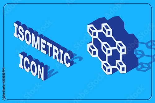 Isometric Blockchain technology icon isolated on blue background. Cryptocurrency data. Abstract geometric block chain network technology business. Vector Illustration