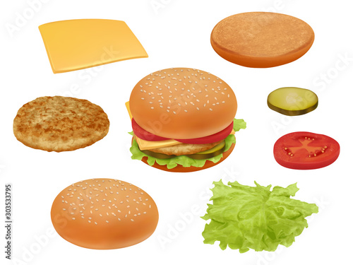 Hamburgher. Realistic fast food ingredients vegetables tomato beef meal salad delicious food vector constructor. Illustration hamburger or cheeseburger, lettuce and bread