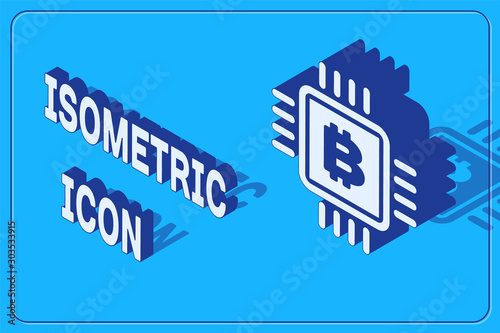 Isometric CPU mining farm icon isolated on blue background. Bitcoin sign inside microchip. Cryptocurrency mining community. Digital money. Vector Illustration