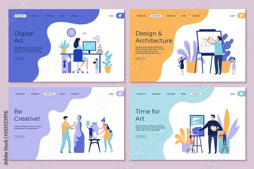 Art work landing page. Architecture design drawing sculpting vector concept. Flat creative people characters banners template. Making and made art studio, craftsman sculpting and painting illustration