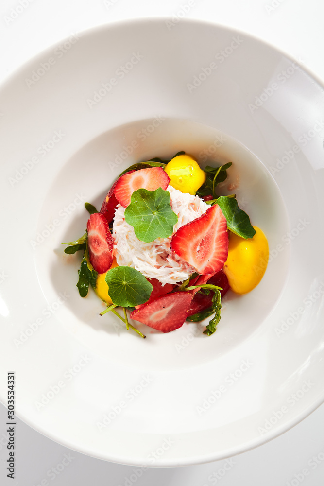 Ripe Tomato Salad with Strawberries, Crab Meat and Strachatella Cheese Ripe Tomato Salad with Strawberries, Crab Meat and Strachatella Cheese