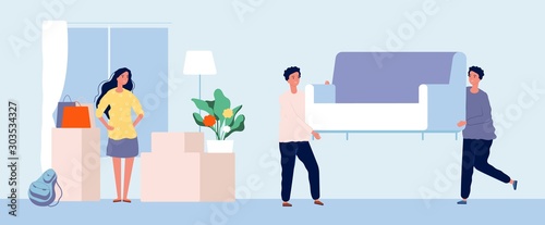 Moving concept. Young woman moves to new apartment. Flat girl moving services, men carry sofa vector illustration. Service transportation and moving sofa, packaging housewarming