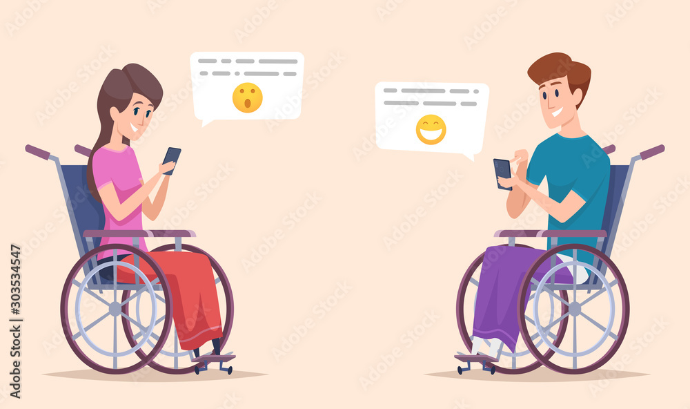 Disabled person online. Disability characters dating and chatting online smartphone handicapped vector illustration. Online people disabled, disability support Disabled person online. Disability characters dating and chatting online smartphone handicapped vector illustration. Online people disabled, disability support