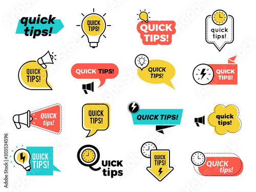 Quick tips badges. Graphic stickers ideas reminders quickly thinks solutions learning logos vector collection. Quick tips badge, advice and idea illustration