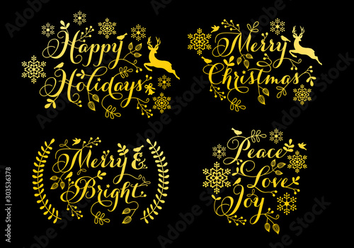 Gold Christmas ornaments for cards, vector set