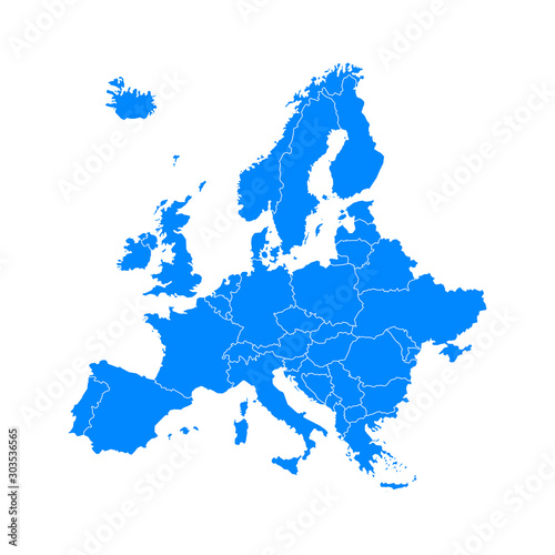 blue europe map on a white background in flat