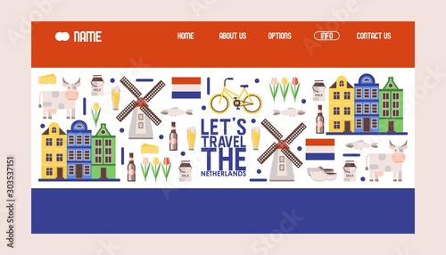 Netherlands travel icons, vector illustration. Tour agency website design, landing page template in colors of Dutch flag. Main symbols of Holland windmill, bicycle, tulips