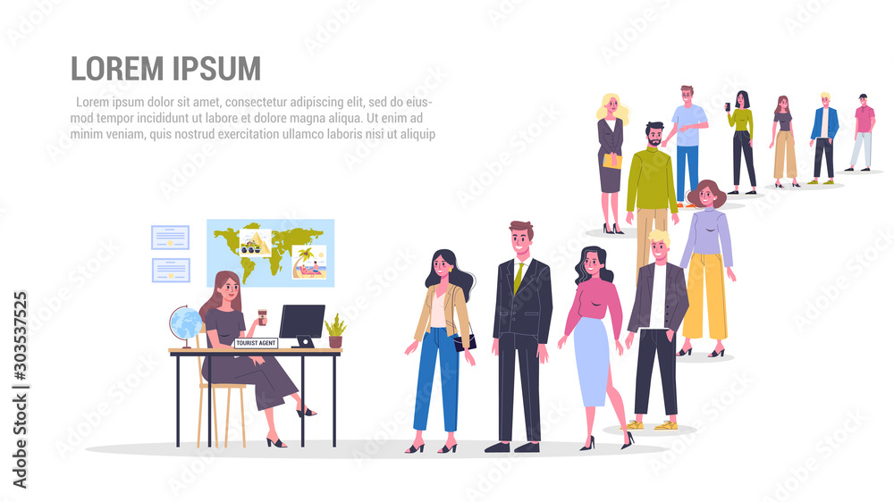 Φωτογραφία Vector illustration of big queue of people standing towards a travel agency