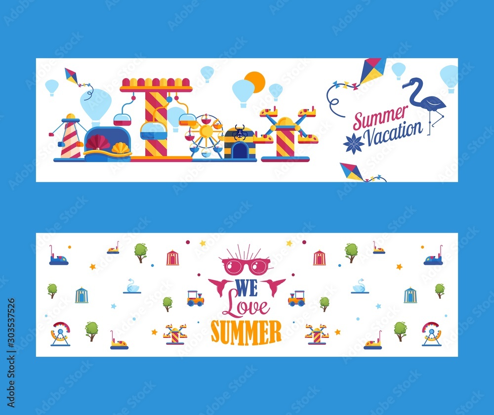 Amusement park banner, vector illustration. Flat icons for summer fairground, carousels and attractions. Fun activity for families with children on summer holidays