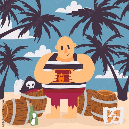 Pirate on tropical island, vector illustration. Funny cartoon character pirate captain holding treasure chest. Corsair on a beach with barrels and palms