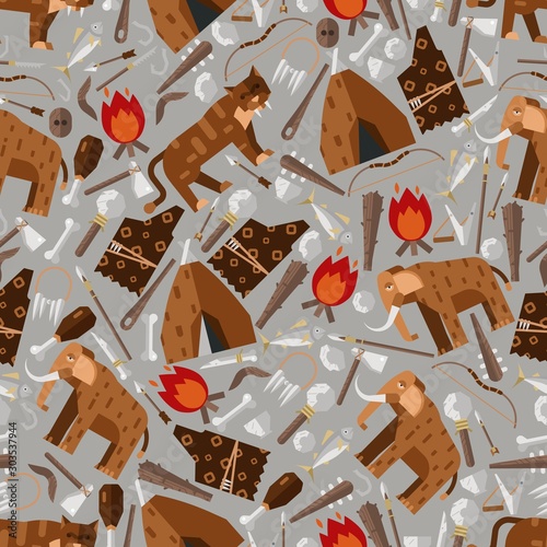 Stone age icons in seamless pattern, vector illustration. Simple flat style symbols of ice age, Paleolithic era. Mammoth, saber-toothed tiger, tent, bonfire and primitive weapons