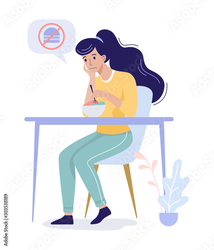 Woman choose between healthy and junk food. Calorie control