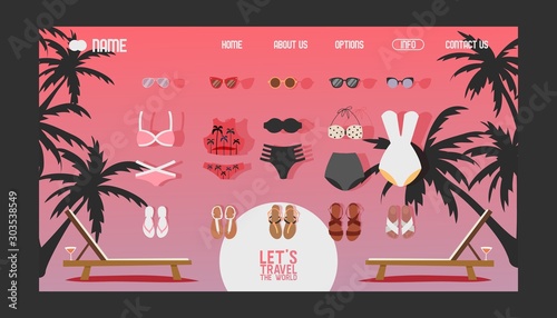 Summer vacation swimsuits for women, website design, vector illustration. Online shopping for sea and beach summer trip, icons of swimming suits