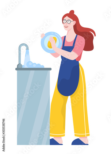 Woman washing up dishes after eating