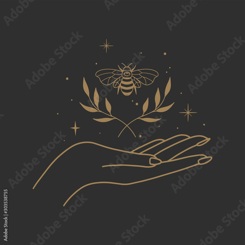 Vector abstract logo design template in trendy linear minimal style - hands and bee- abstract symbol for cosmetics and packaging, jewellery, hand crafted or beauty products