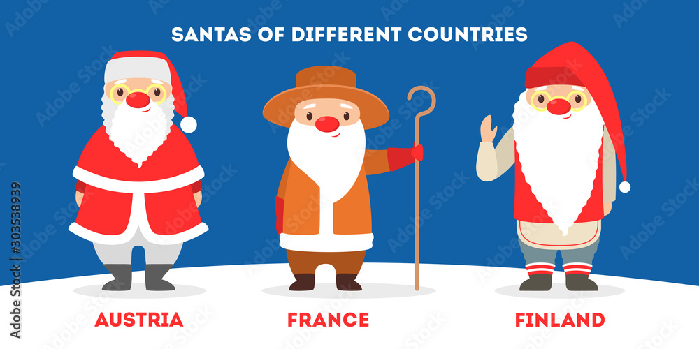 Φωτογραφία Set of cute funny Santa Claus wearing national costumes