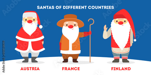 Set of cute funny Santa Claus wearing national costumes