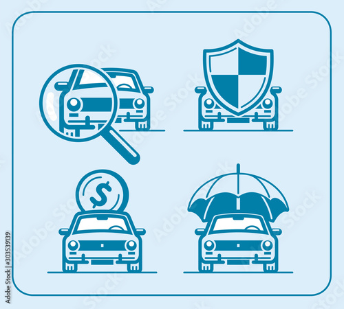 Set of car icons for choice, purchase and insurance in thin line style.