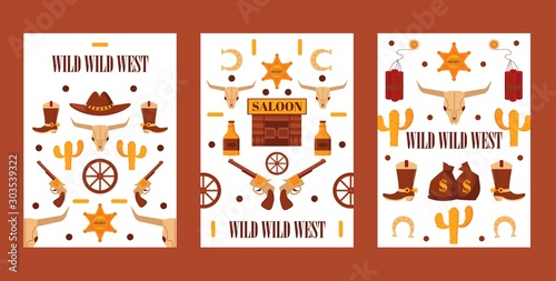 Wild West set of banners with isolated icons, vector illustration. Cartoon style symbols of American western, cowboy adventures. Wild west style game quest or party invitation