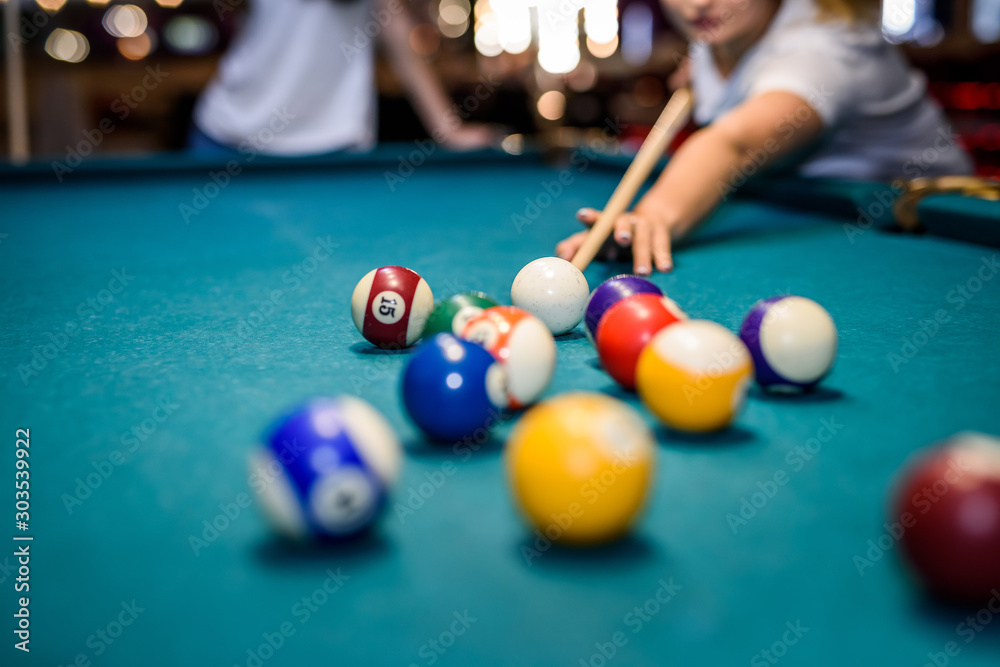 Ταπετσαρία Colorful billiard balls on table in pub macro photo