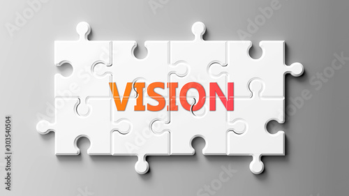 Vision complex like a puzzle - pictured as word Vision on a puzzle pieces to show that Vision can be difficult and needs cooperating pieces that fit together, 3d illustration