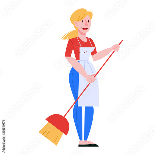 Woman in uniform cleaning the floor with a broom