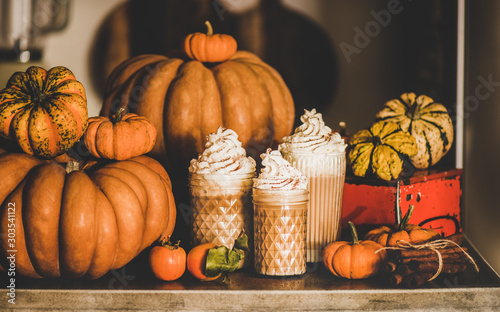 Pumpkin spice latte coffee drink topped with whipped cream in tall glasses among fresh pumpkins  persimmons and cinnamon sticks on table  grey wall background. Seasonal Autumn hot warming sweet drink