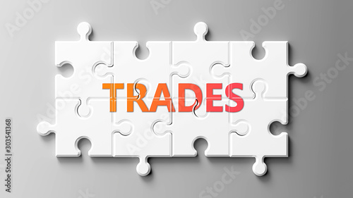 Trades complex like a puzzle - pictured as word Trades on a puzzle pieces to show that Trades can be difficult and needs cooperating pieces that fit together, 3d illustration