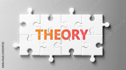 Theory complex like a puzzle - pictured as word Theory on a puzzle pieces to show that Theory can be difficult and needs cooperating pieces that fit together, 3d illustration