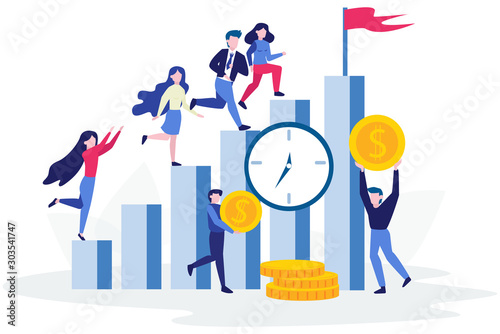 People stand on the growth bar chart. Idea of achievement and