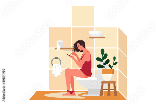 Daily routine of a woman. Woman sitting on the toilet