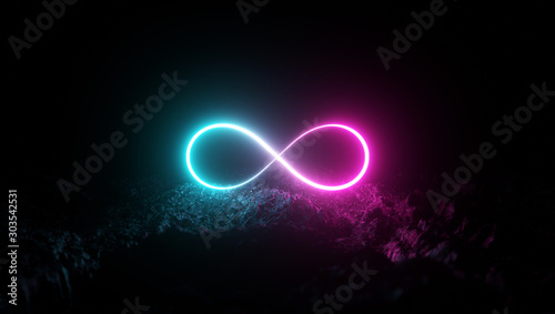 Futuristic retro Infinite sign neon light glowing on rocky ground, 3d render, black background, Pink blue color.