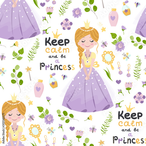 Seamless pattern with princess and lettering