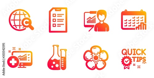 Checklist, Calendar graph and Natural linen line icons set. International Ð¡opyright, Chemistry lab and Presentation signs. Medical analytics, Quick tips symbols. Data list, Annual report. Vector