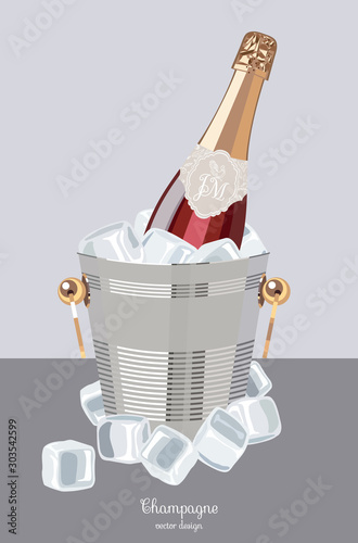 Red champagne bottle with two crystal wine glasses in an ice bucket, sparkling wine, celebratory drink, birthday drink,  vector illustration.