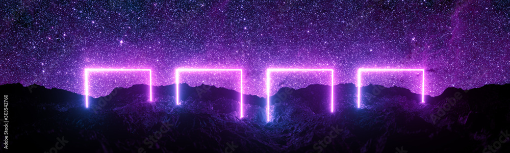 Futuristic retro square neon light glowing on rocky ground, large banner, 3d render, space starfield background, purple color. - obrazy, fototapety, plakaty 