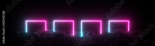 Futuristic retro square neon light glowing on rocky ground, large banner, 3d render, black background, Pink blue color.
