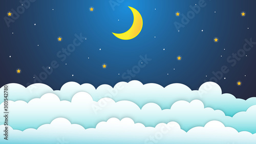 night sky with stars and moon. paper art style.Vector of a crescent moon with stars on a cloudy night sky. Moon and stars background.Vector EPS 10.