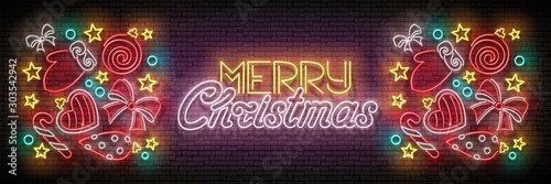 Greeting Card with Christmas Decorations, Santa's Mitten, Candy and Inscription