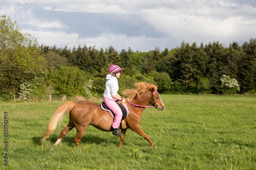 Joy of a young girl riding her chestnut pony across the english countryside. © Eileen