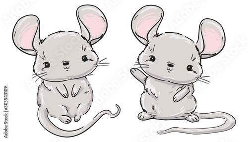 Hand drawn cute Mouse set, cartoon character childish illustration. Rat Sketch. Vector. Symbol 2020 new year chinese calendar.