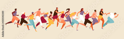 Marathon race is a large group of people of different nationalities. Sport and healthy lifestyle. Vector modern illustration