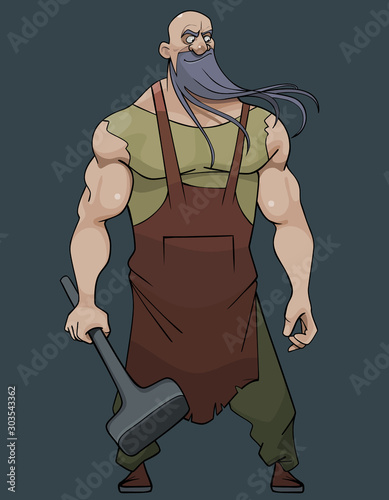 cartoon man blacksmith with a long beard with a sledgehammer in his hand