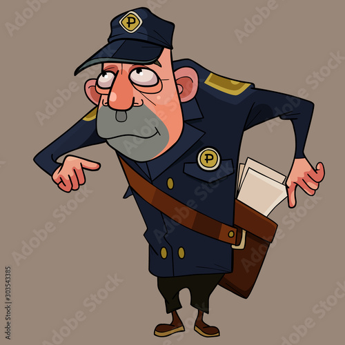 cartoon man in postman clothes with bag with letters