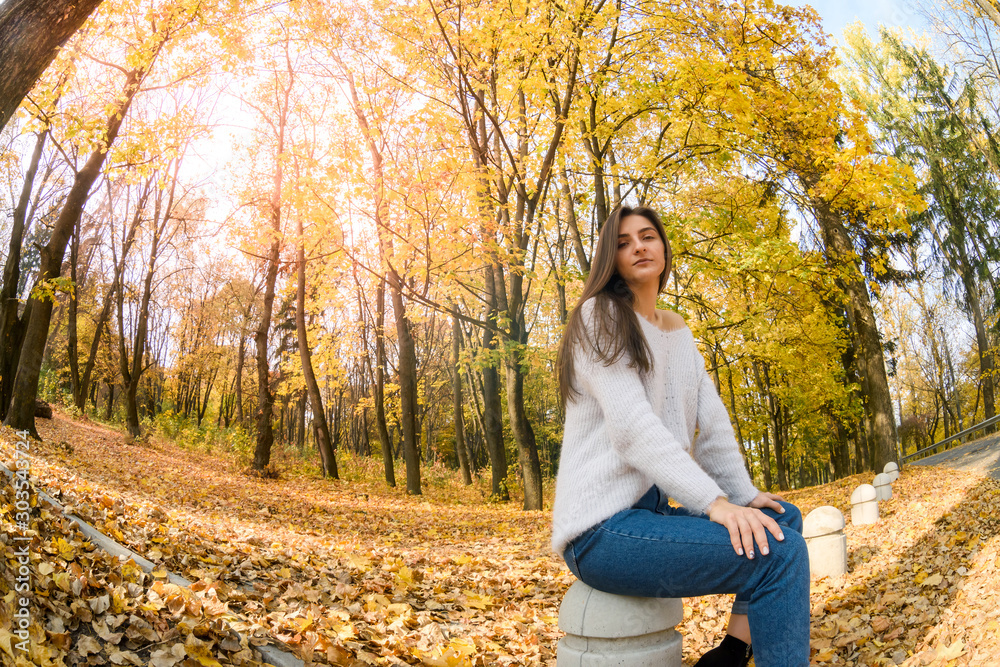 Portrait of brunette woman in casual wear in autumn park. Yellow colours around beautiful woman Portrait of brunette woman in casual wear in autumn park. Yellow colours around beautiful woman